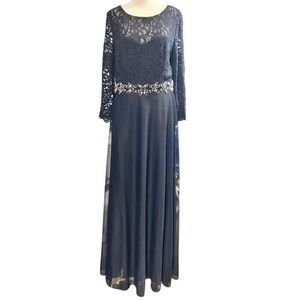 JACKIE JON New York Navy Lace Chiffon Rhinestones Formal Gown Dress Sz12 NWT